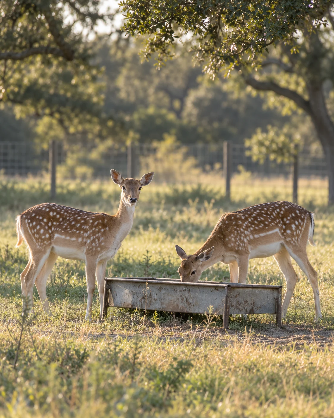 AI photographic reference of ordinary fallow does at a feeder, not the actual ranch or herd