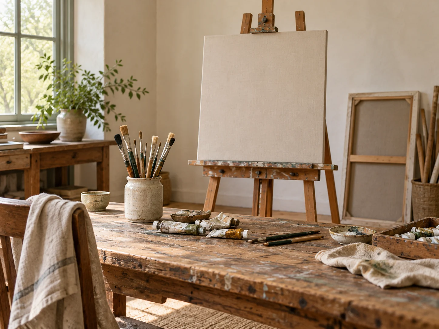 AI concept of a quiet art workspace with blank canvases; not the family studio or artwork